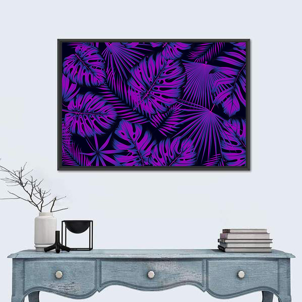 Violet Tropical Leaves Wall Art in a room, landscape