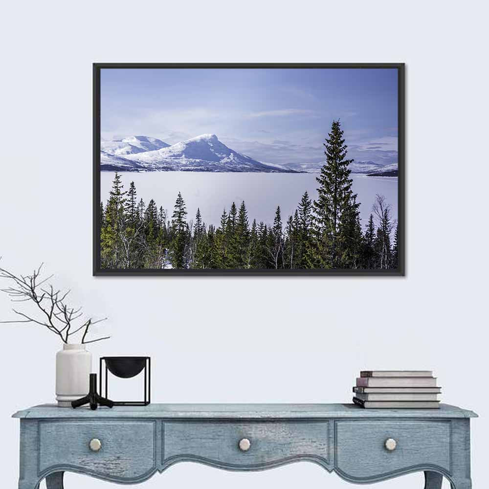 Scandinavian Mountain Range with Frozen Lake Wall Art in a room, landscape
