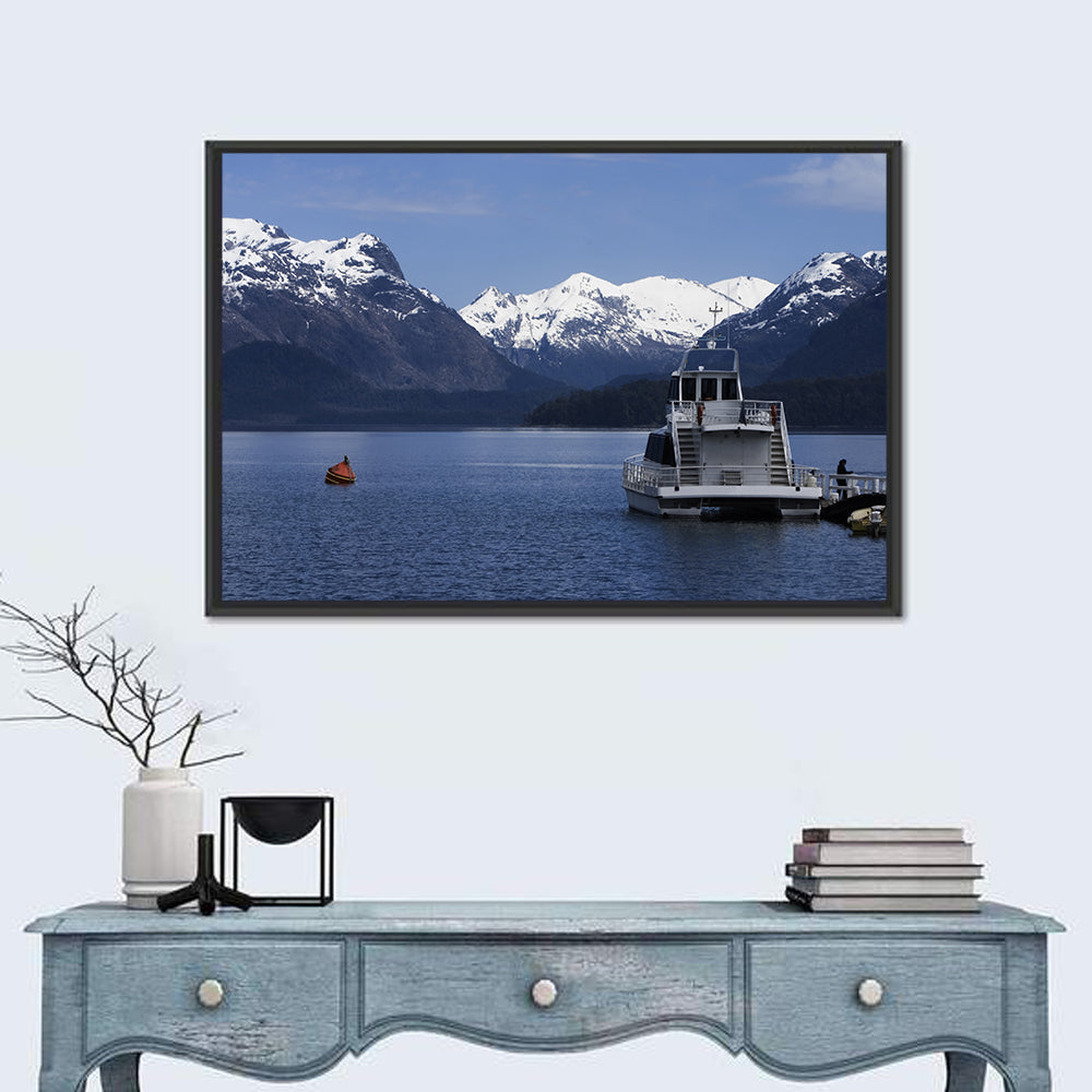 Lake Nahuel Huapi Catamaran and Snow-capped Mountains Wall Art in a room, landscape