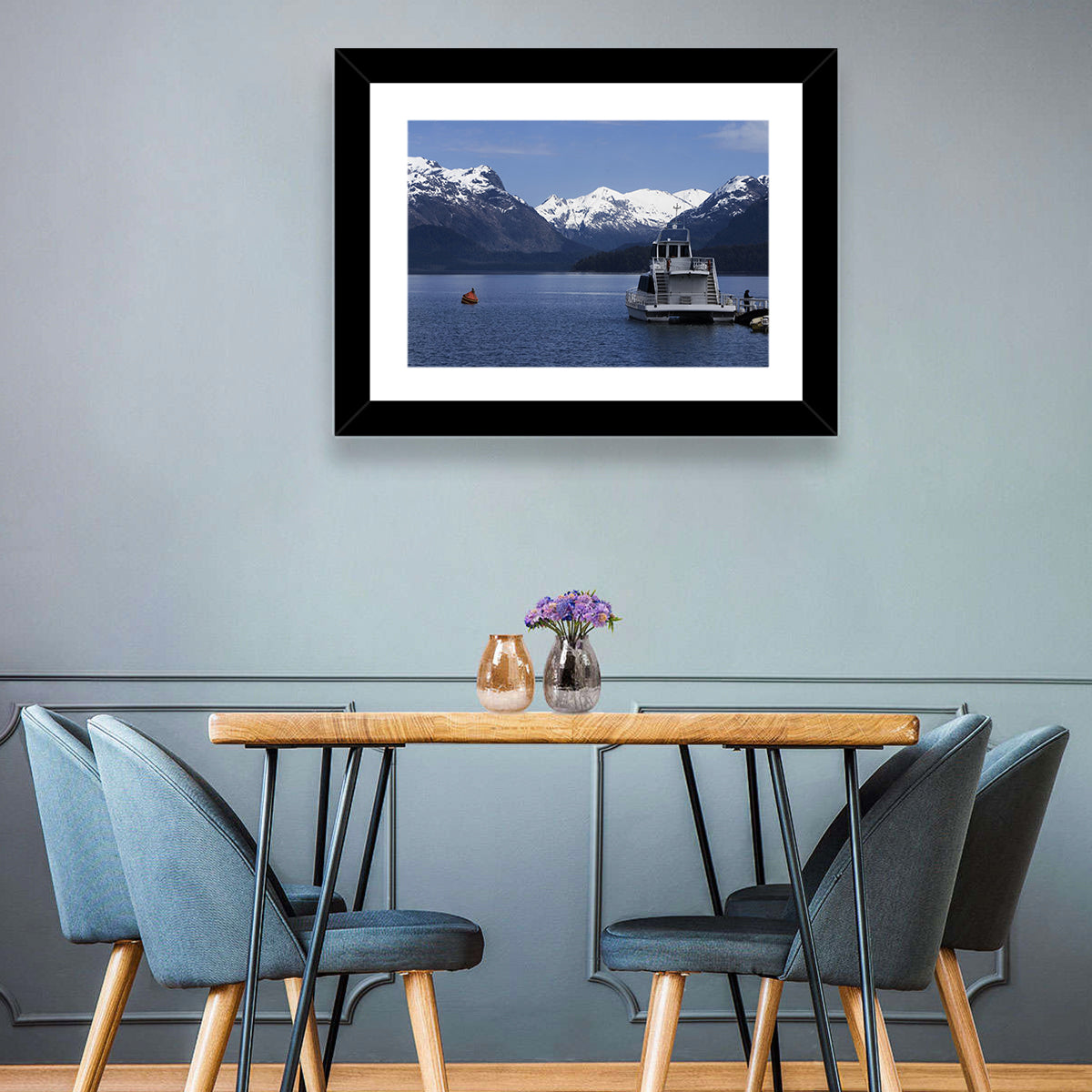 Lake Nahuel Huapi Catamaran and Snow-capped Mountains Wall Art in a room, landscape