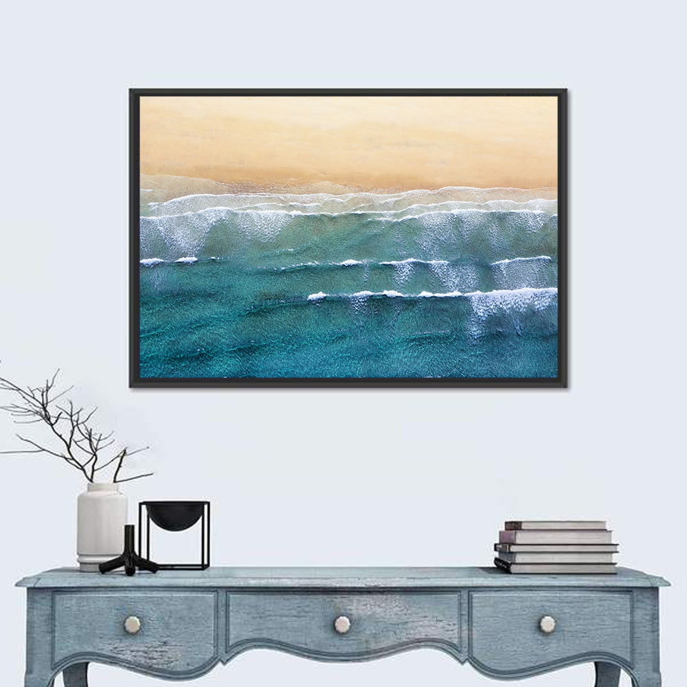Calm Turquoise Beachscape Wall Art in a room, landscape