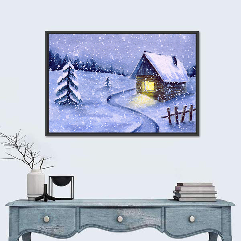Snowy Log Cabin Night Wall Art