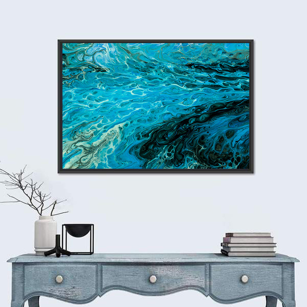 Liquid Marble Blue Abstract Wall Art in a room, landscape