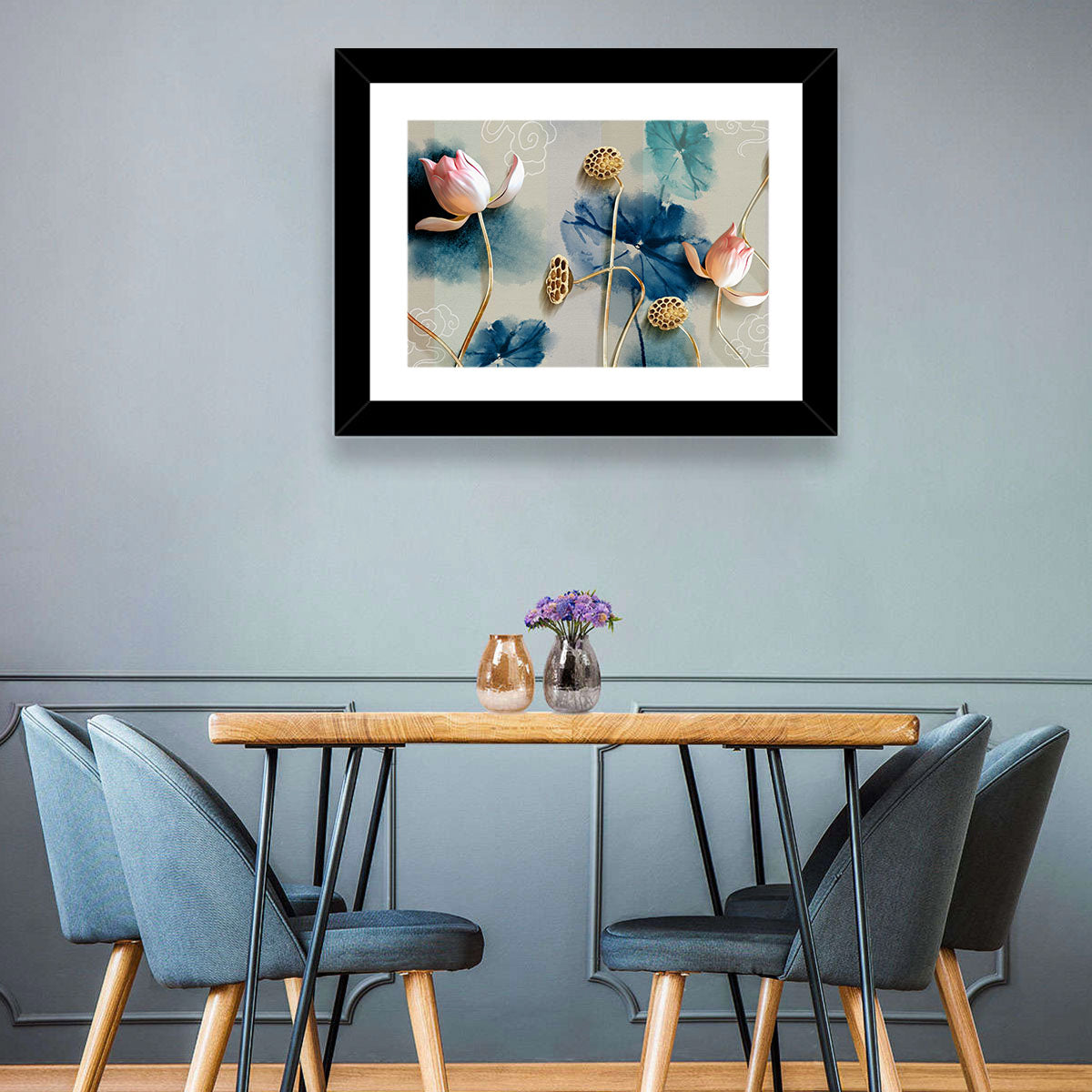 Blue Lotus Botanical Backdrop Wall Art in a room, landscape