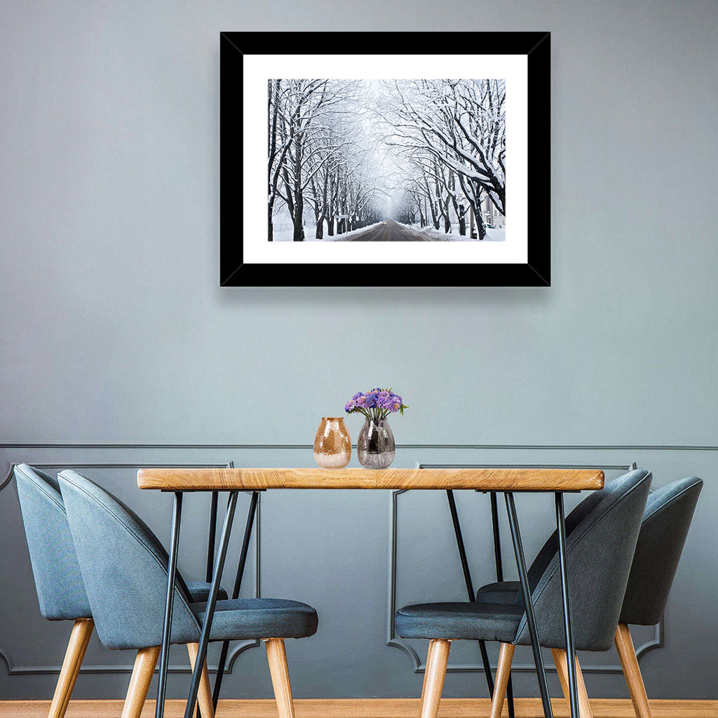 Snowy Road with Distant Headlights Wall Art
