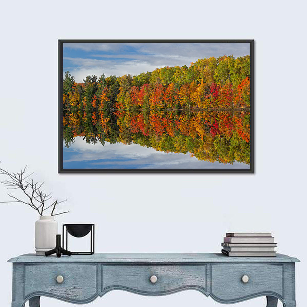 Moccasin Lake Autumn Reflection Wall Art in a room, landscape