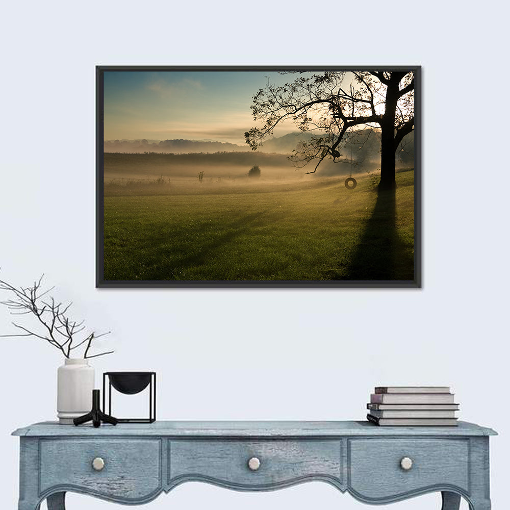 Tire Swing in Morning Mist Wall Art in a room, landscape