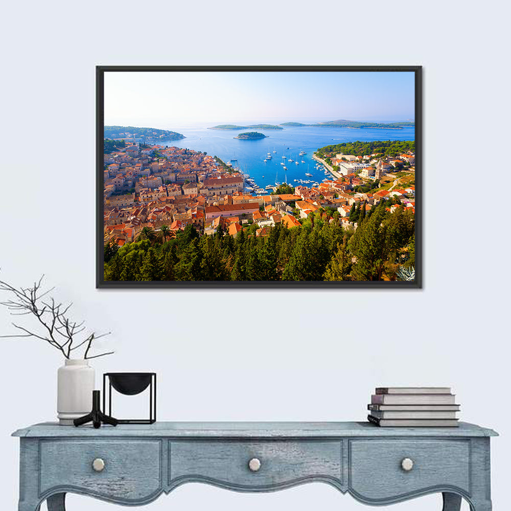 Hvar Harbor Aerial View Wall Art in a room, landscape