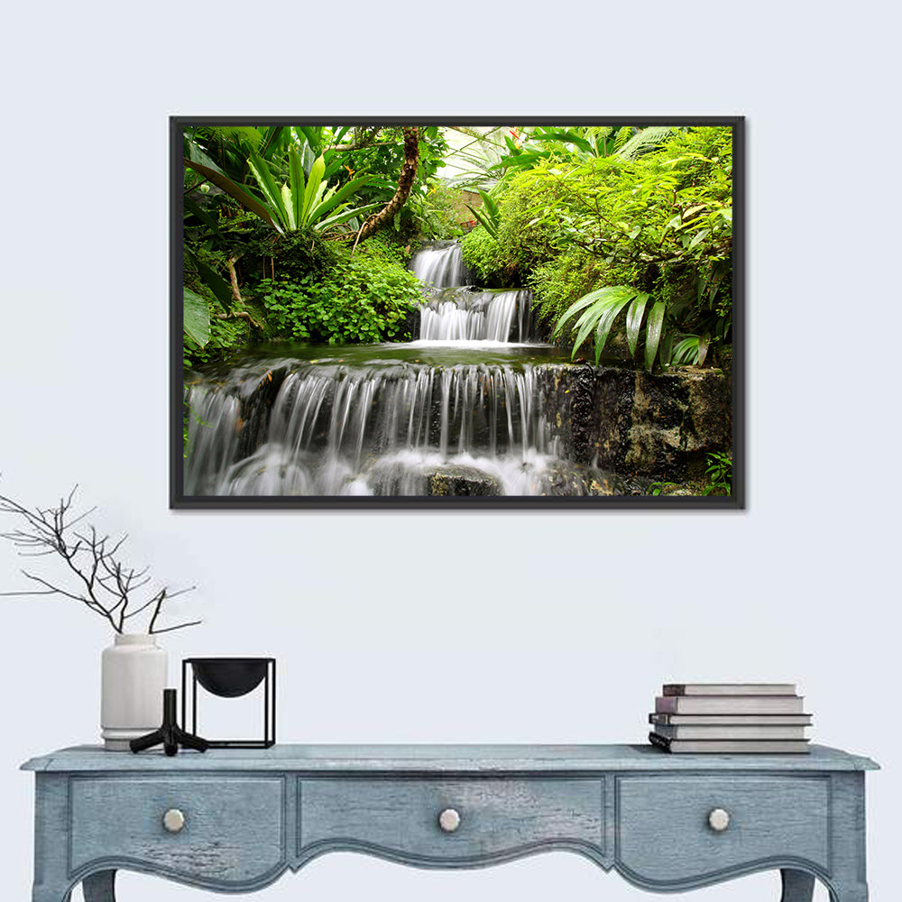 Lush Rainforest Cascade Wall Art in a room, landscape