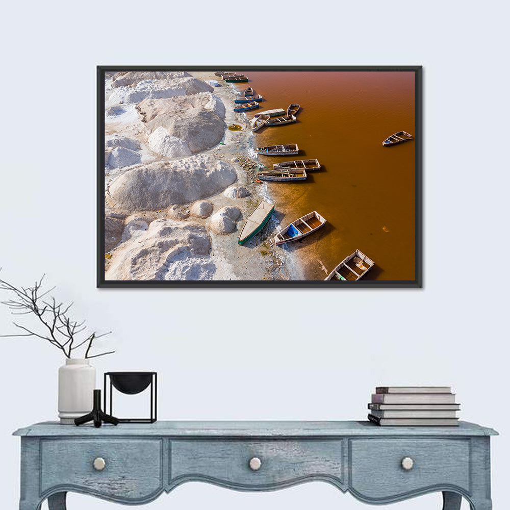 Lac Rose Boats and Salt Mounds Wall Art in a room, landscape