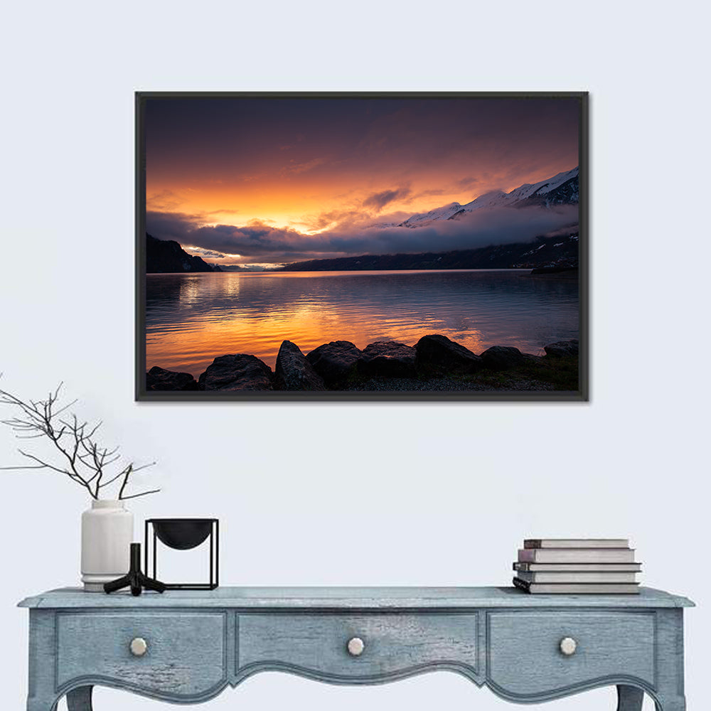 Lake Brienz Golden Dusk Wall Art in a room, landscape