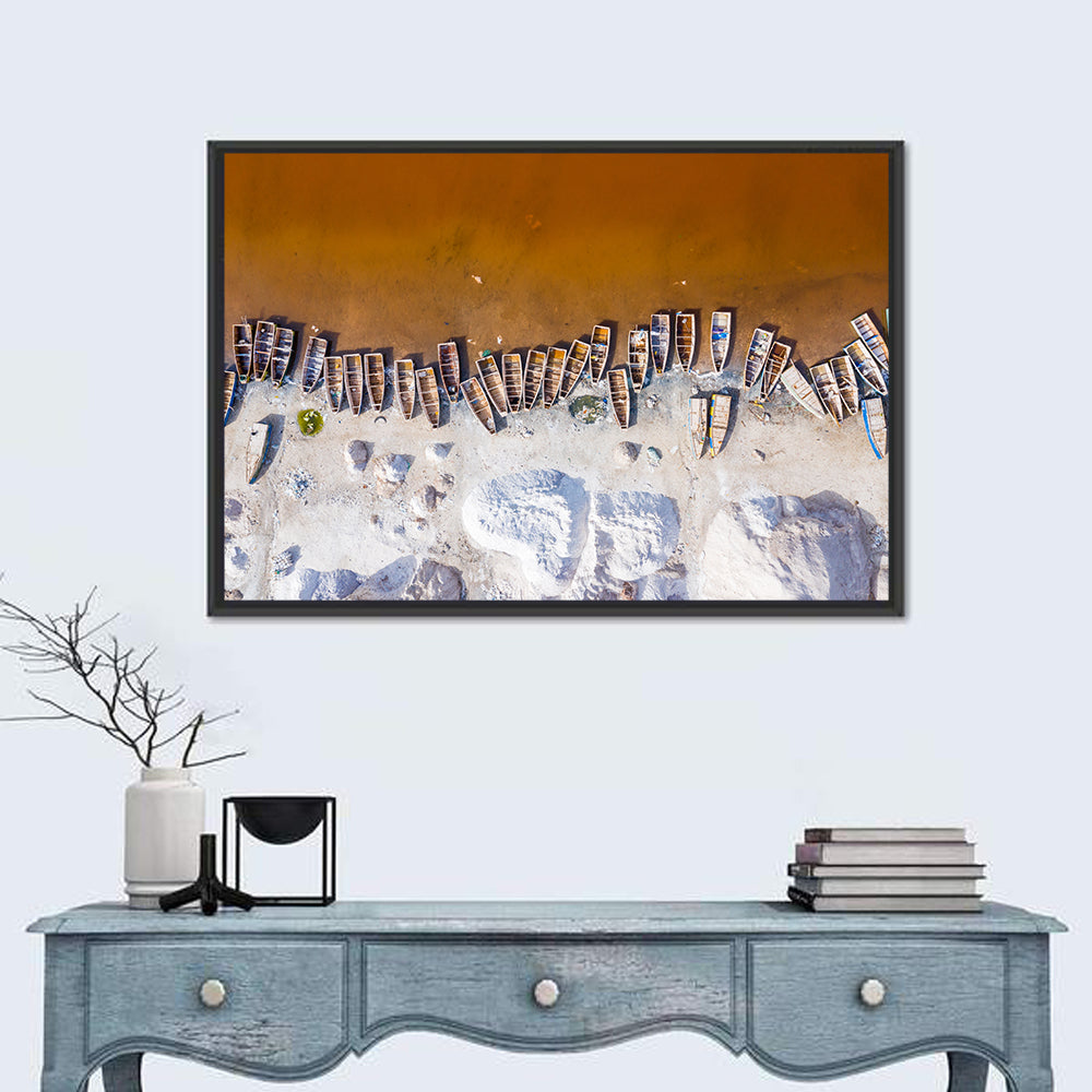 Lac Rose Boats Aerial View Wall Art in a room, landscape