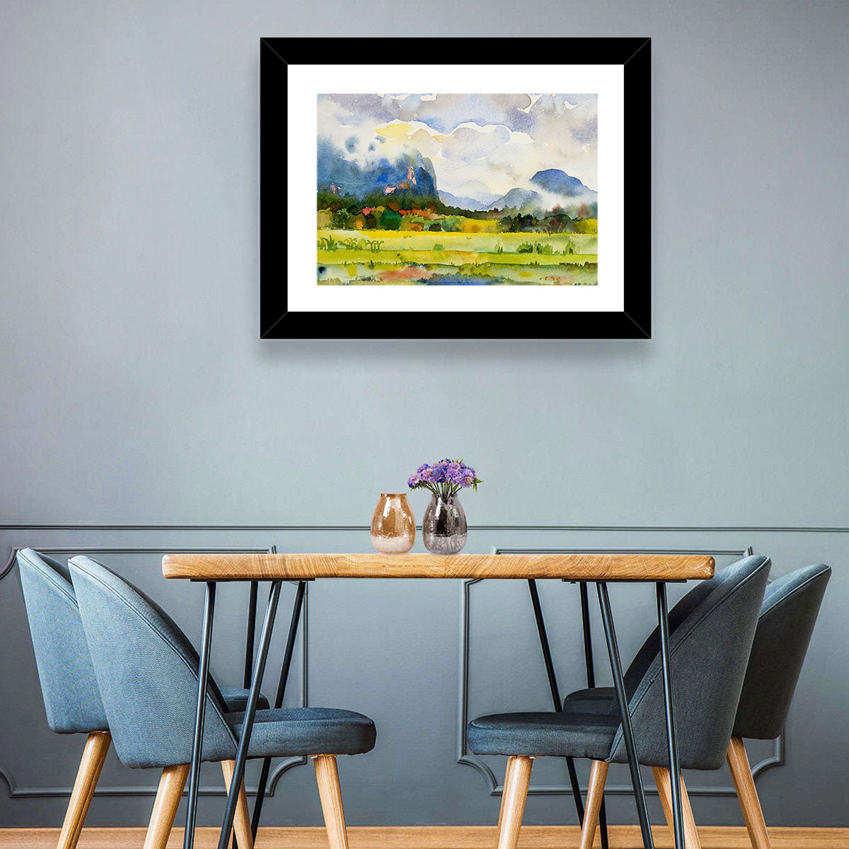 Summer Meadow Watercolor Landscape Wall Art in a room, landscape