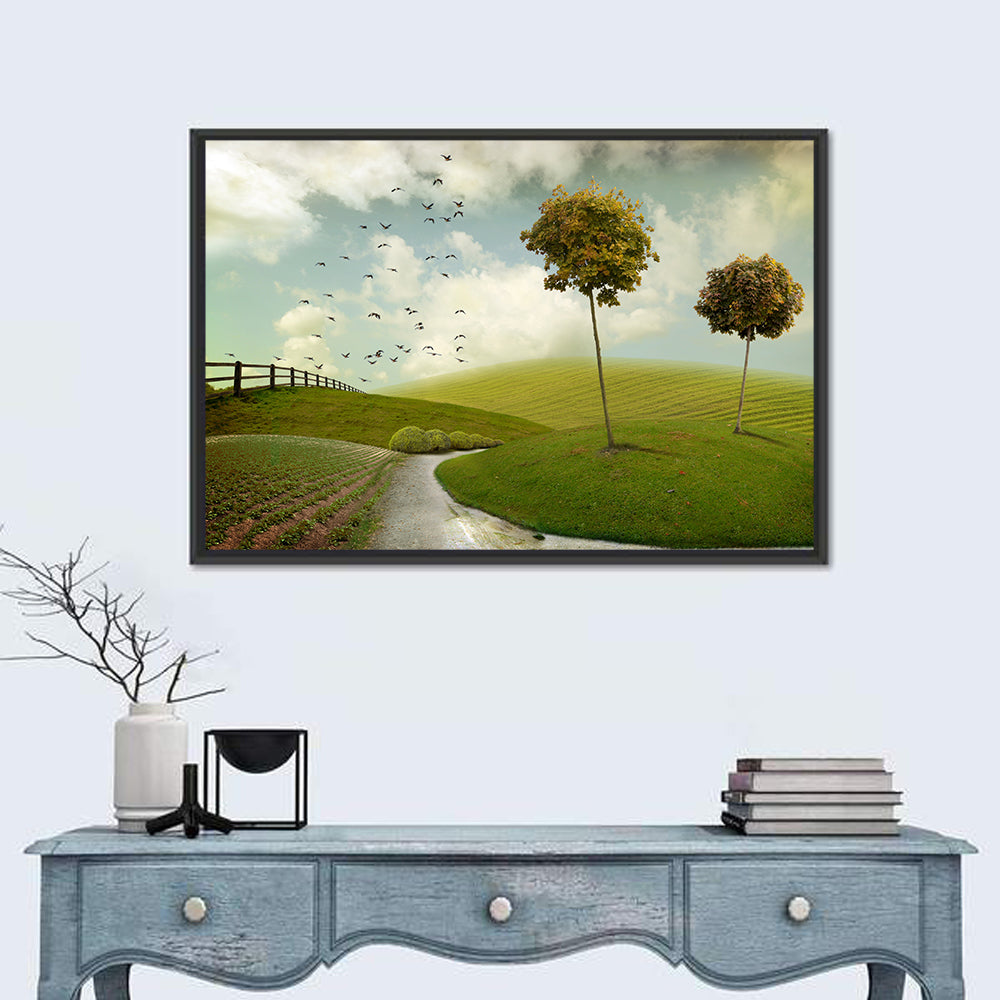 Serene Green Hills Pathscape Wall Art in a room, landscape