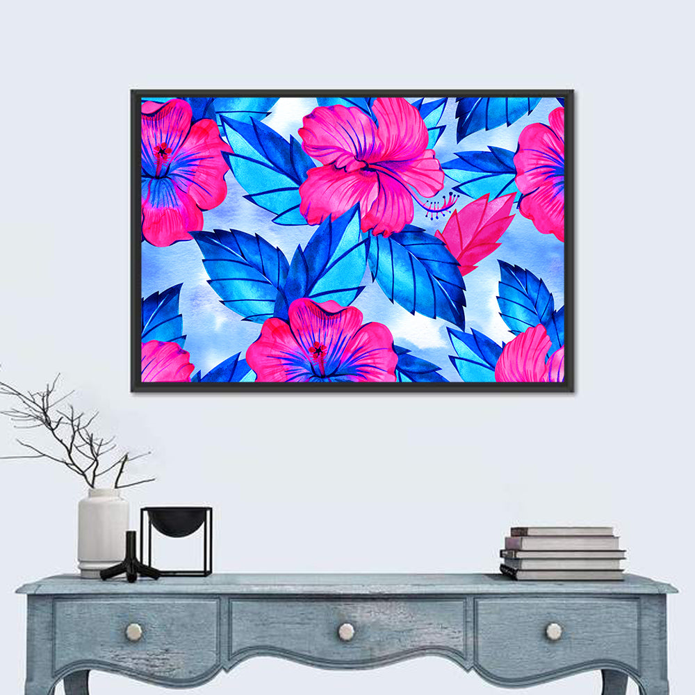 Tropical Hibiscus Pattern Wall Art in a room, landscape