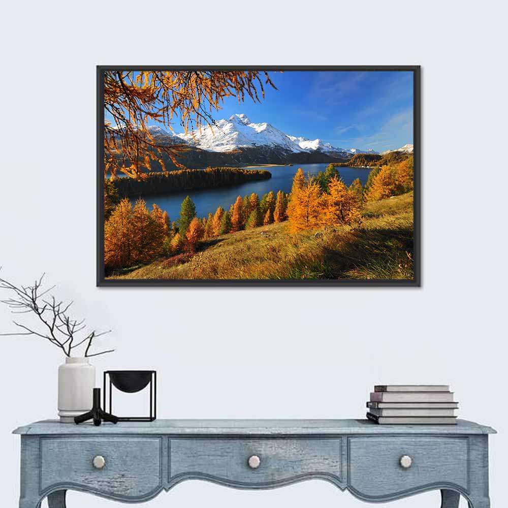 Silsersee Larches and Swiss Alps Wall Art in a room, landscape