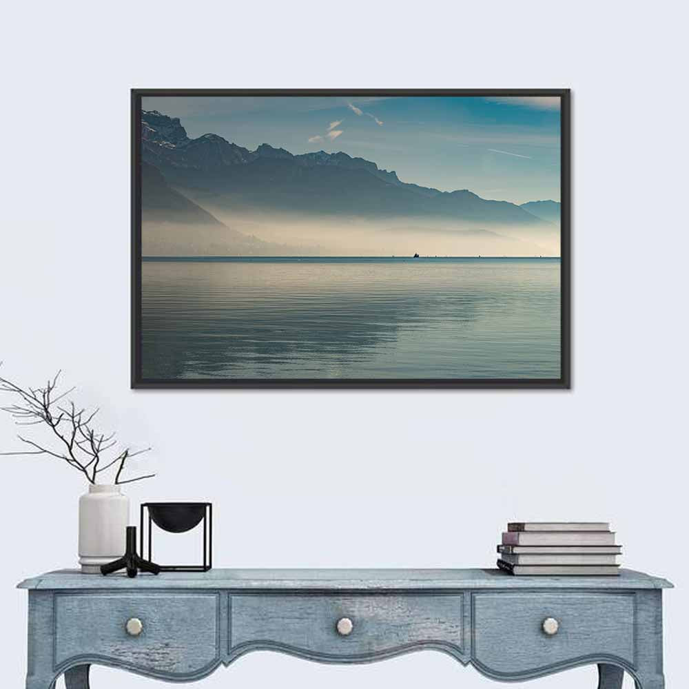 Lake Annecy Misty Mountains Wall Art in a room, landscape