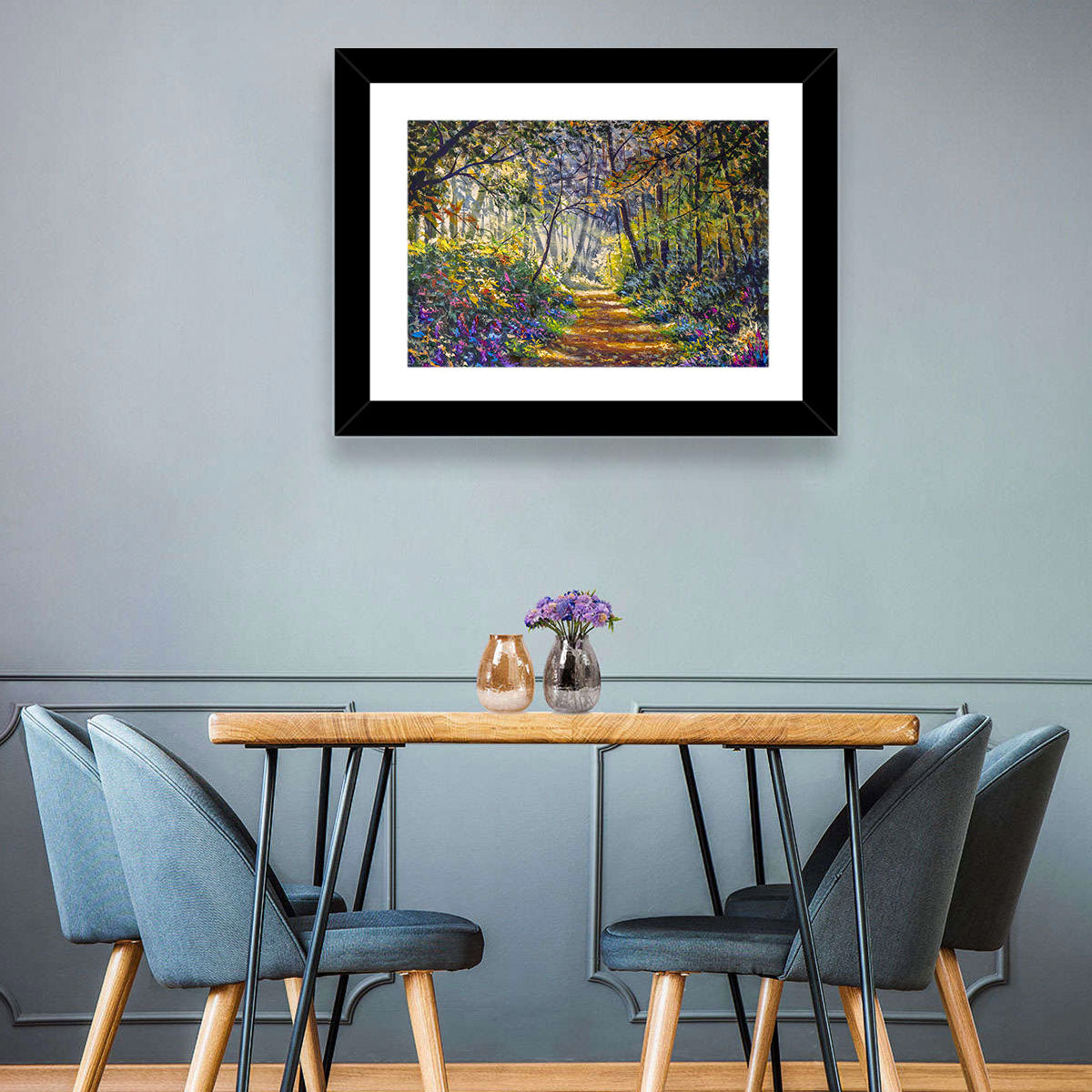 Sunlit Forest Path with Wildflowers Wall Art in a room, landscape