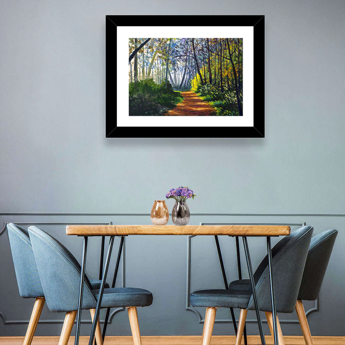 Sunlit Forest Alley Path Wall Art in a room, landscape