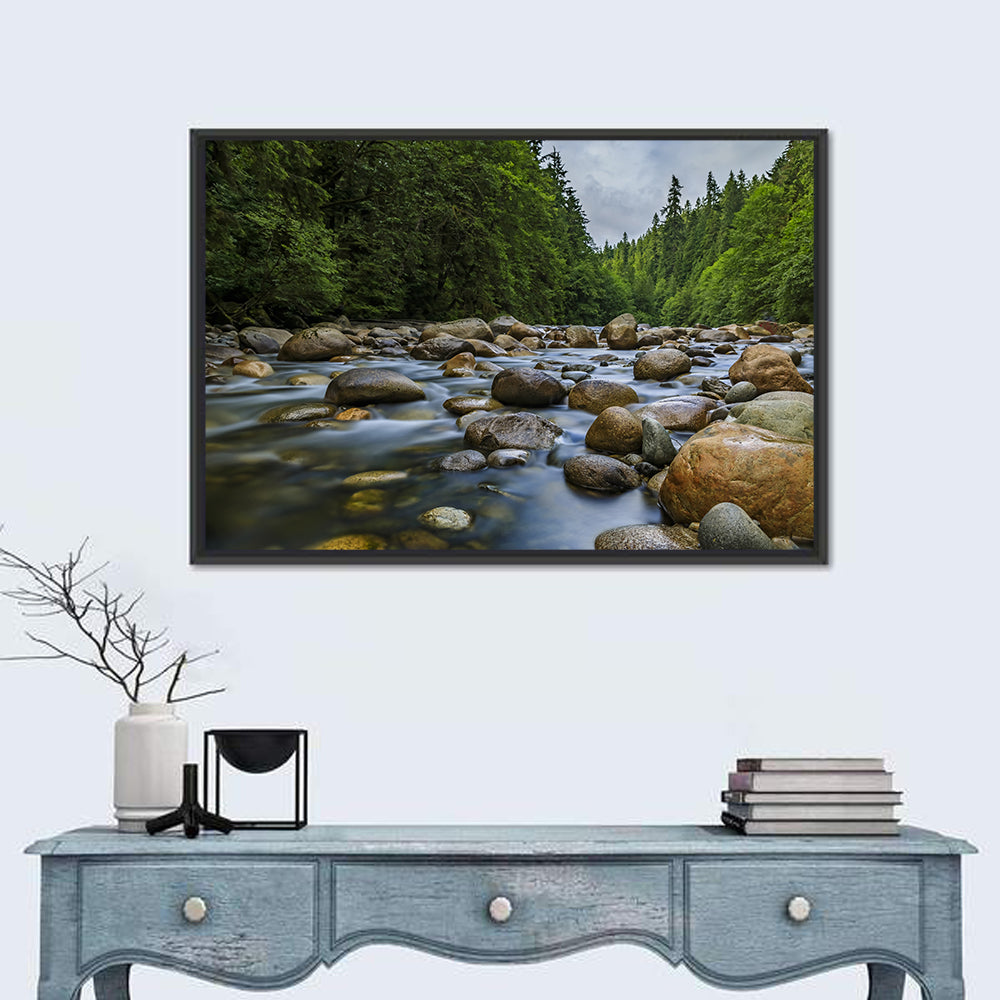 Lynn Canyon Riverbed Forest Wall Art in a room, landscape