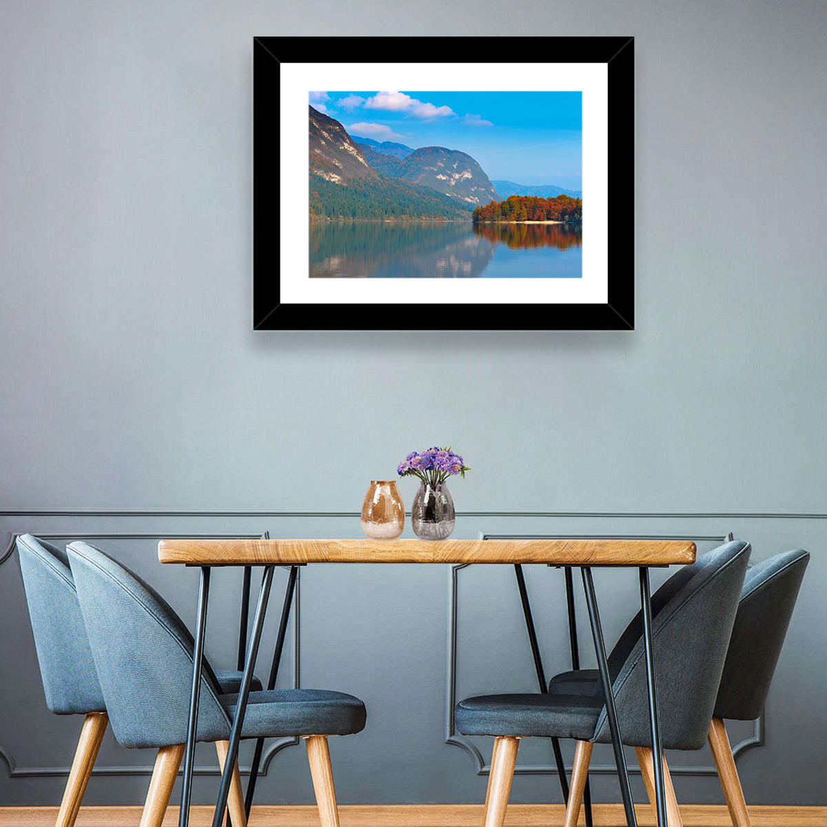 Lake Bohinj Autumn Reflection Wall Art in a room, landscape