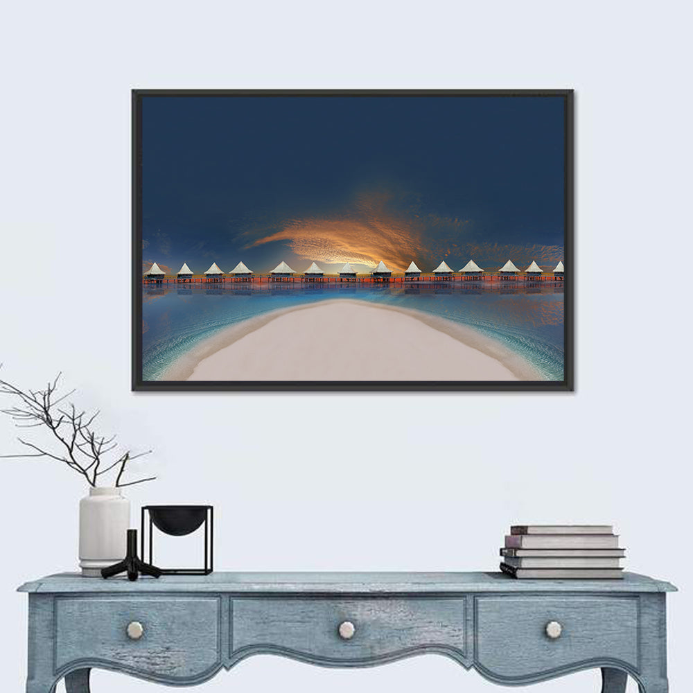 Overwater Bungalows at Golden Dusk Wall Art in a room, landscape