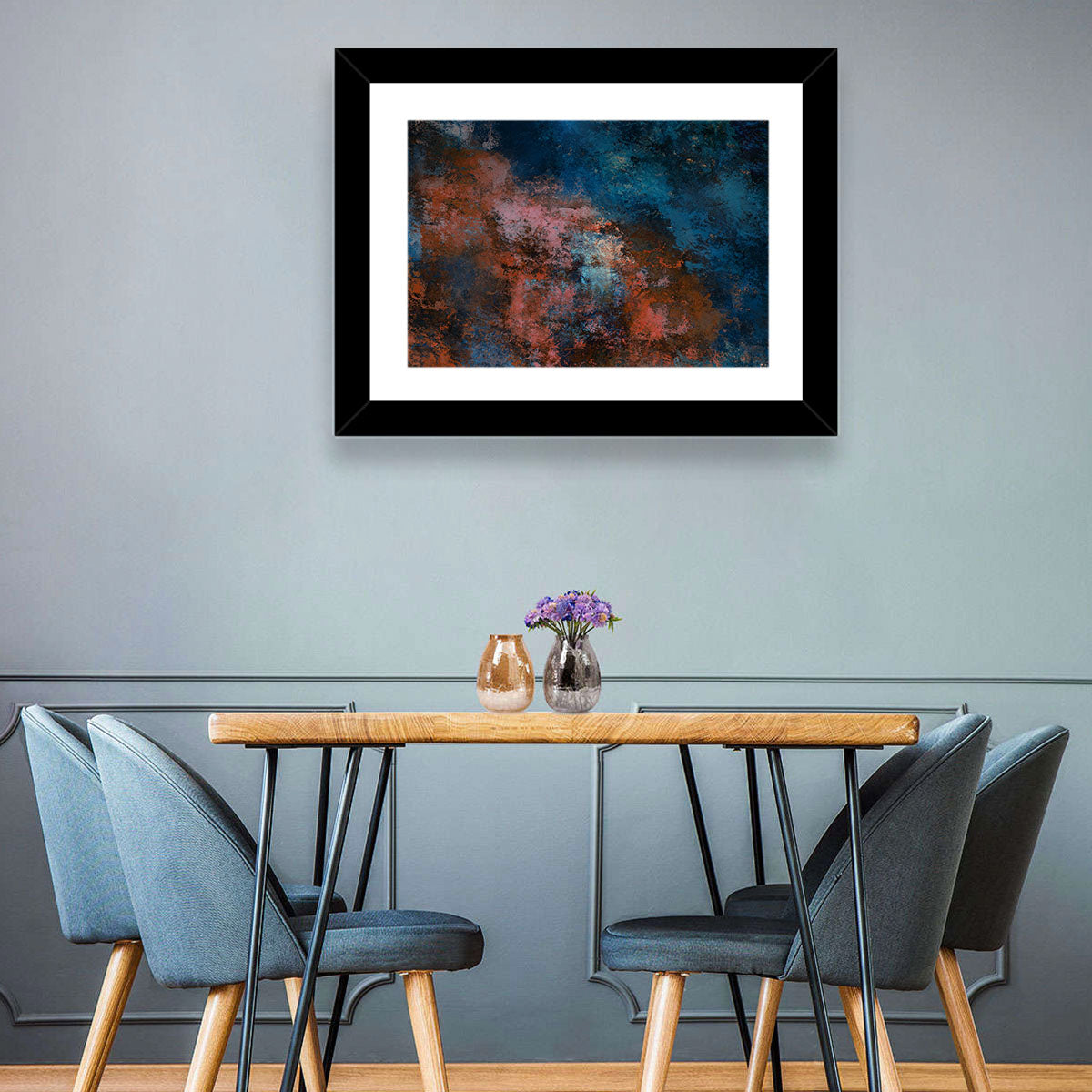 Blue to Rust Color Field Wall Art in a room, landscape