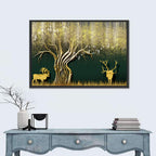 Golden Deer and Tree Illustration Wall Art