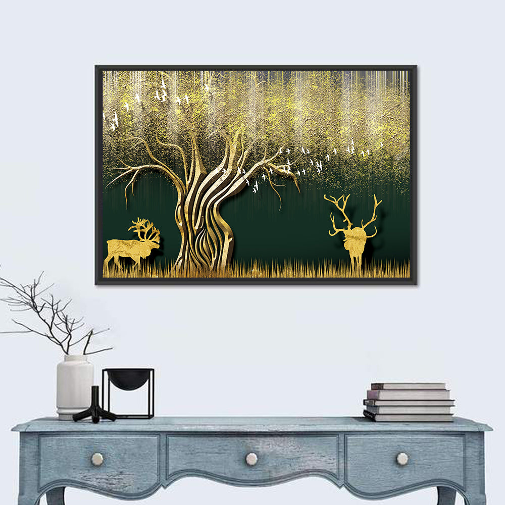 Golden Deer and Tree Illustration Wall Art