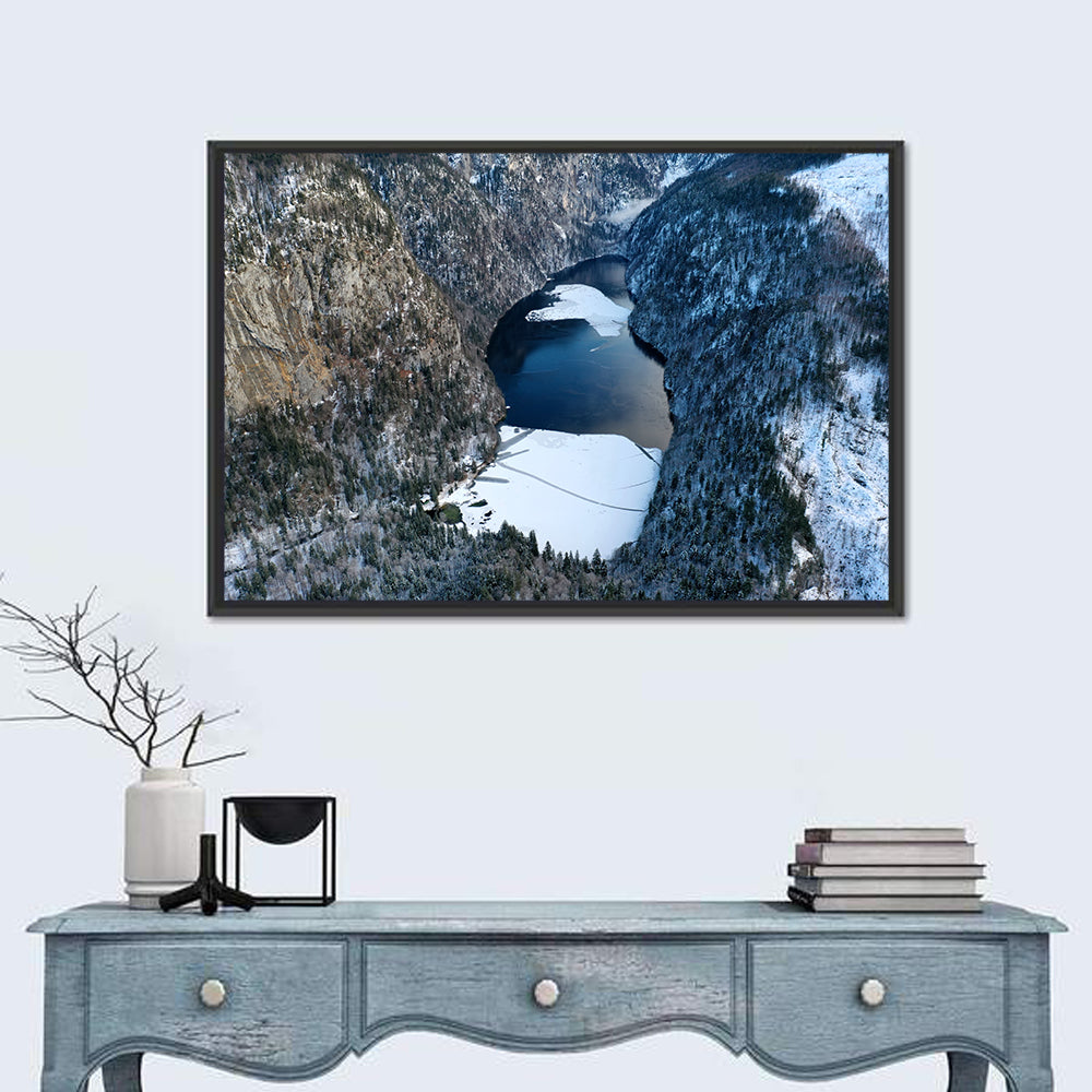 Toplitz Lake Winter Aerial Wall Art in a room, landscape