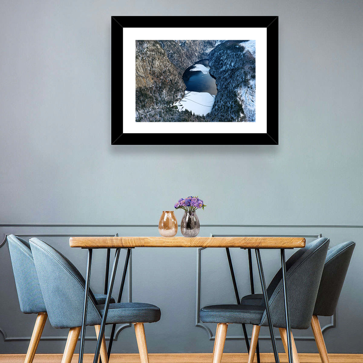 Toplitz Lake Winter Aerial Wall Art in a room, landscape