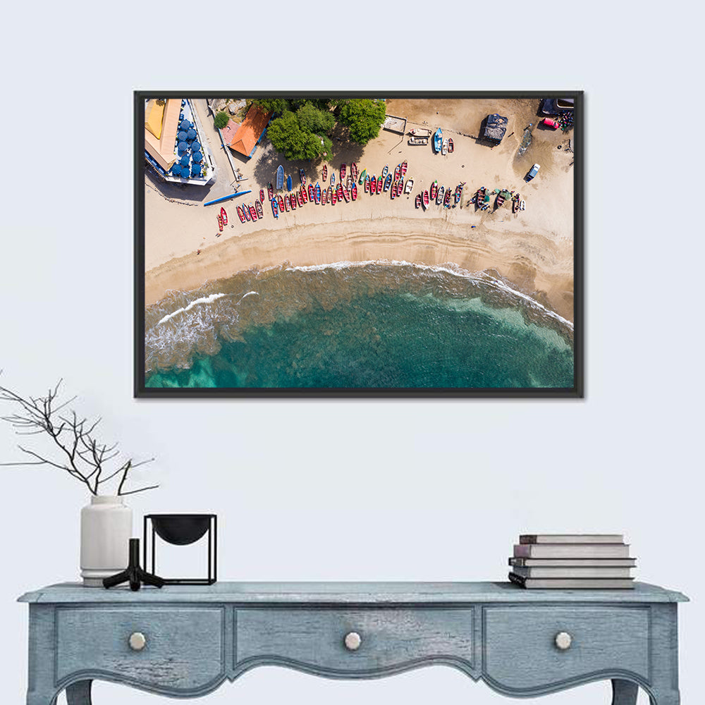 Aerial Tarrafal Beach Fishing Boats Wall Art in a room, landscape
