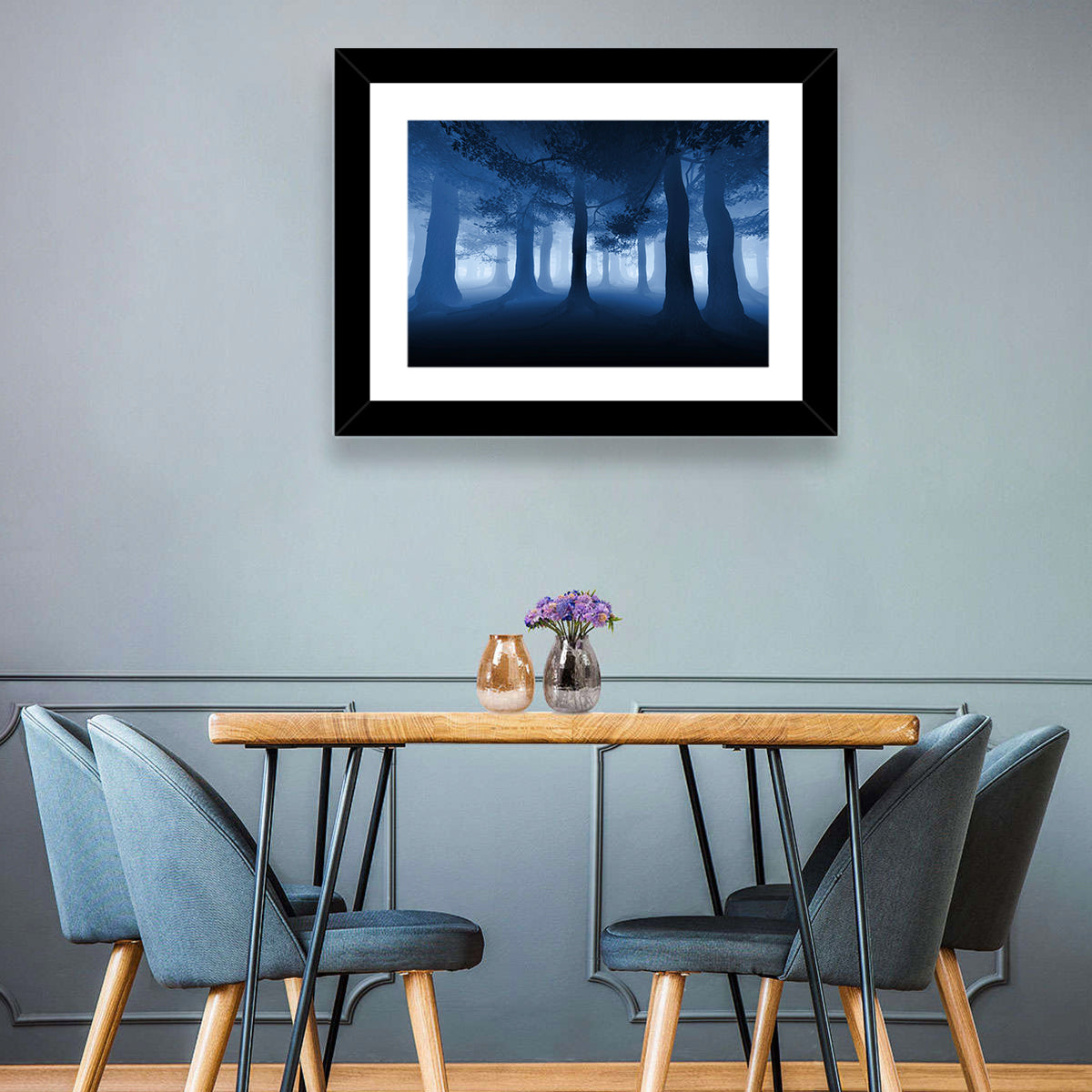 Midnight Blue Forest Wall Art in a room, landscape