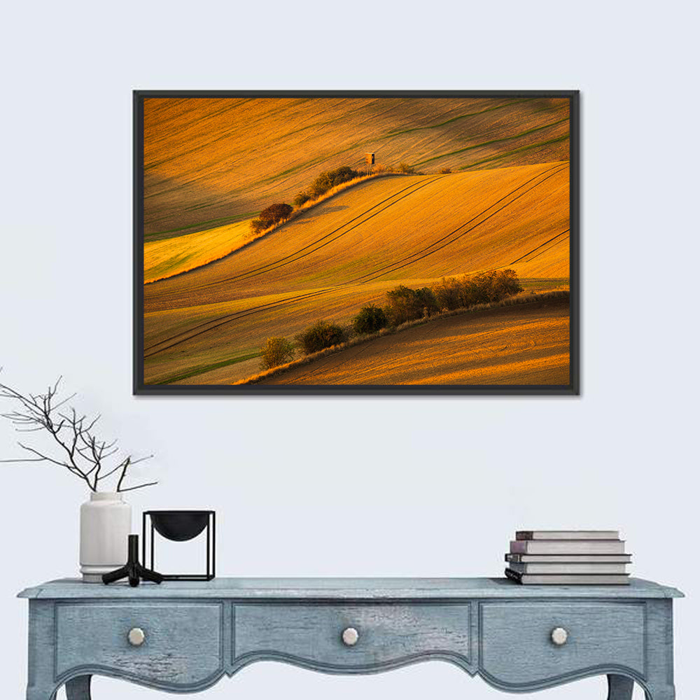 Golden Moravian Farm Tracks Wall Art in a room, landscape