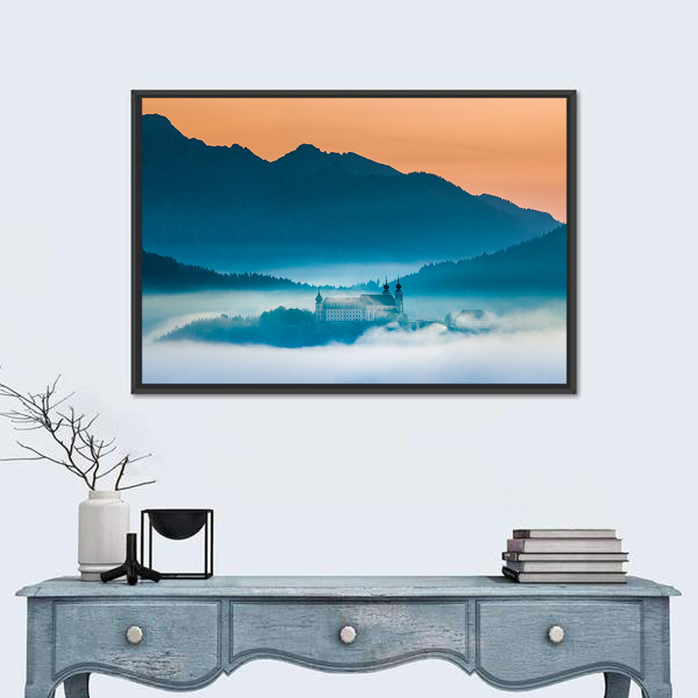 Benediktbeuern Abbey in Morning Fog Wall Art in a room, landscape