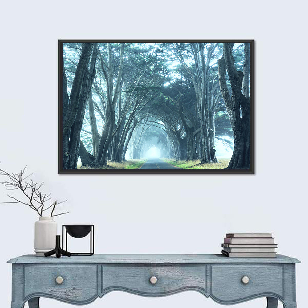 Foggy Cypress Tree Tunnel Wall Art in a room, landscape