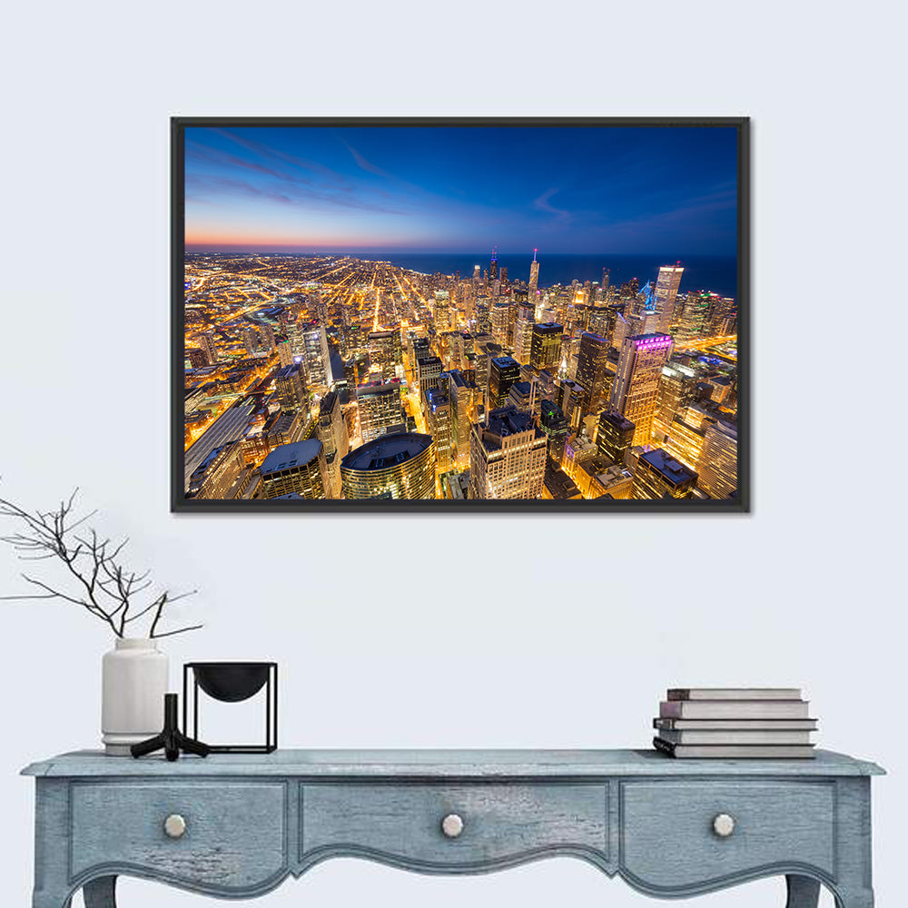 Aerial Chicago Nightscape Wall Art in a room, landscape