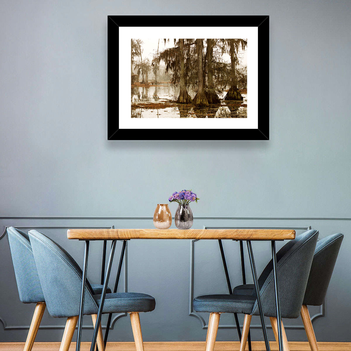 Lake Martin Cypress Morning Wall Art in a room, landscape