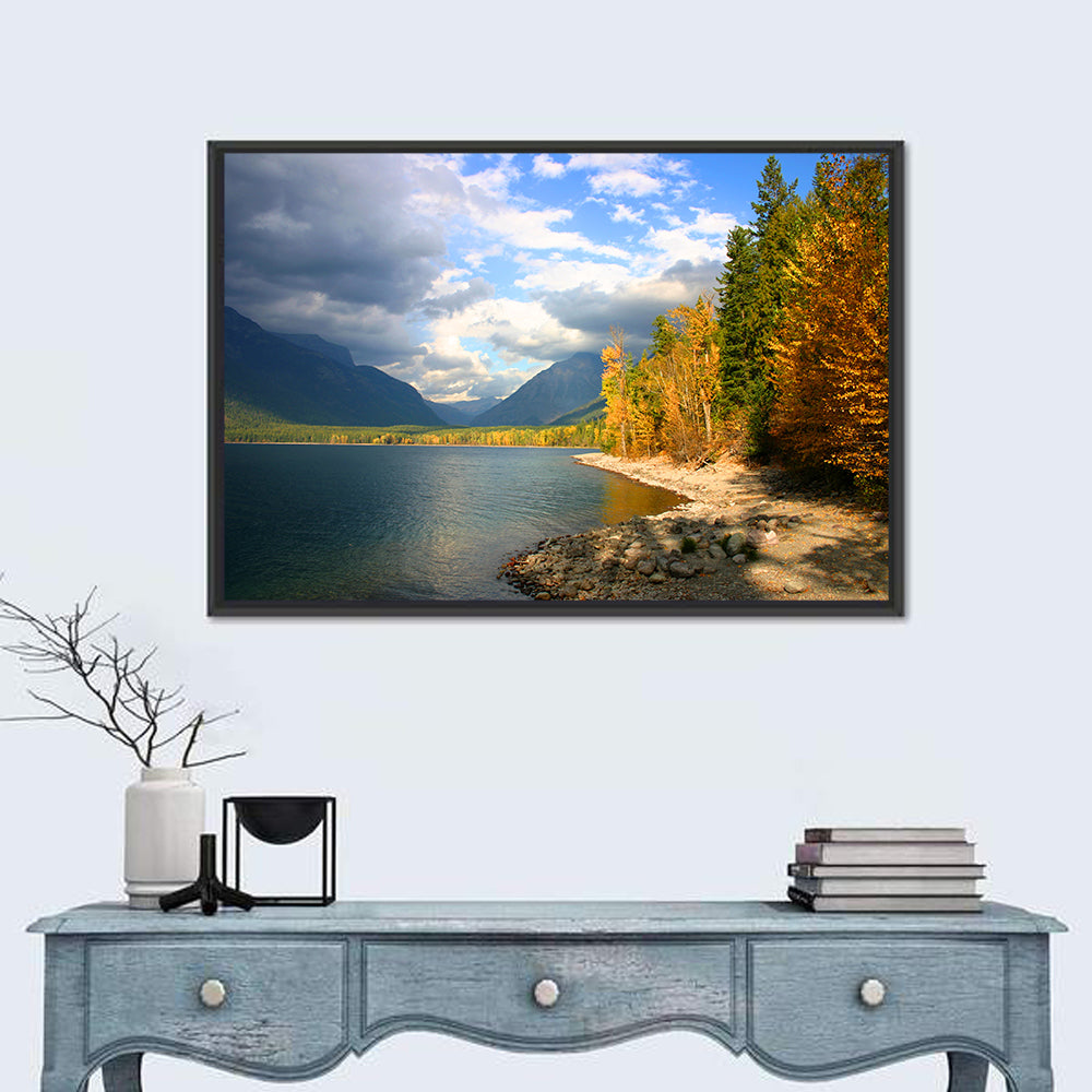 Lake Mcdonald Autumn Shoreline Wall Art in a room, landscape