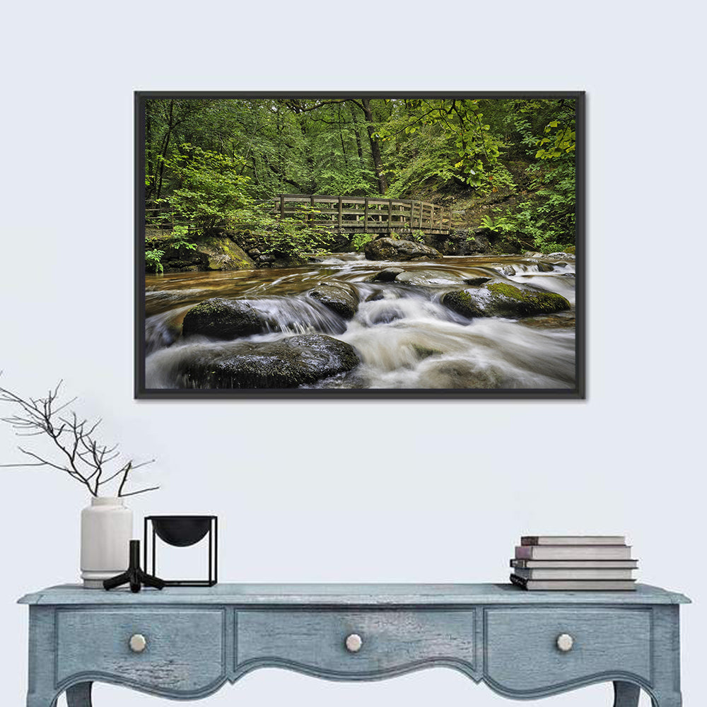 Stock Ghyll Footbridge Forest Stream Wall Art in a room, landscape