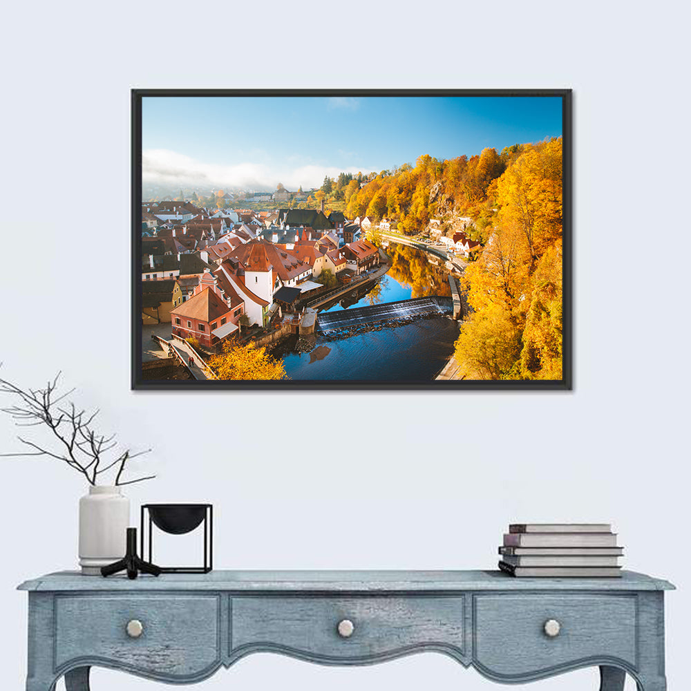 Český Krumlov River Weir in Autumn Wall Art