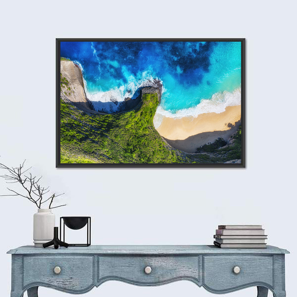 Kelingking Beach Cliffs Wall Art in a room, landscape