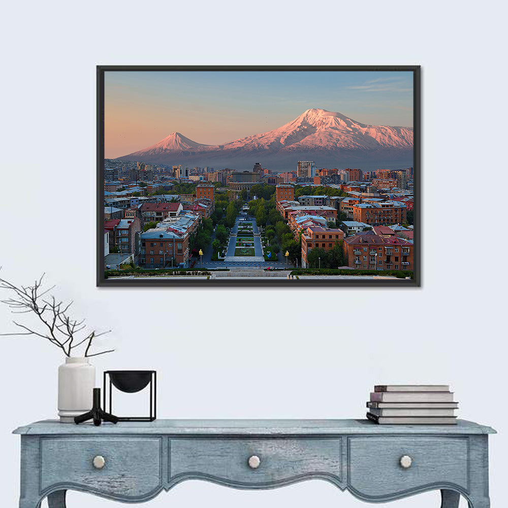 Sunset Over Mount Ararat from Yerevan Wall Art in a room, landscape