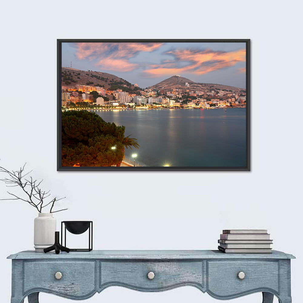 Sarandë Bay at Dusk Wall Art in a room, landscape