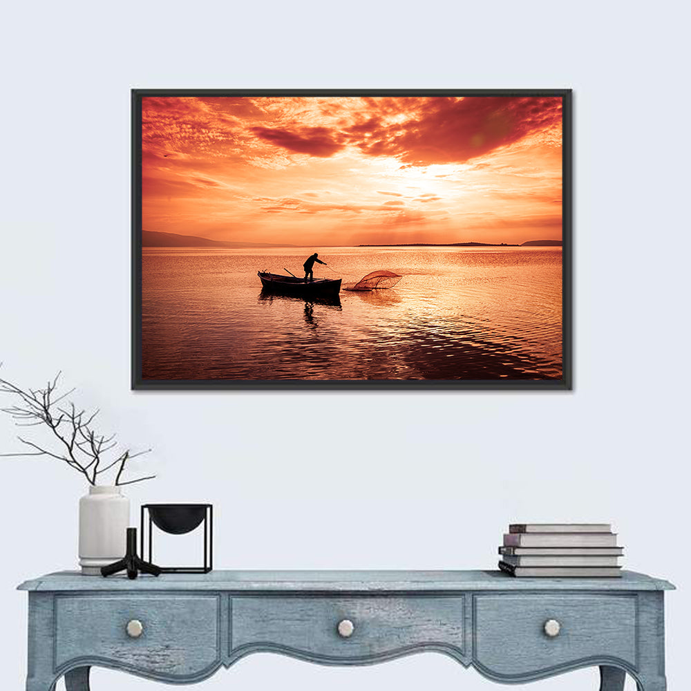 Uluabat Lake Fisherman at Dusk Wall Art in a room, landscape