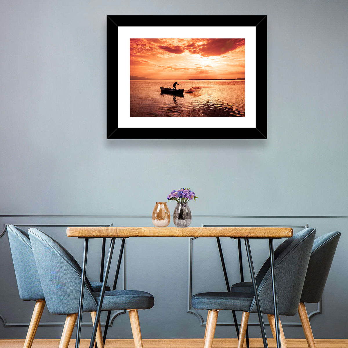 Uluabat Lake Fisherman at Dusk Wall Art in a room, landscape