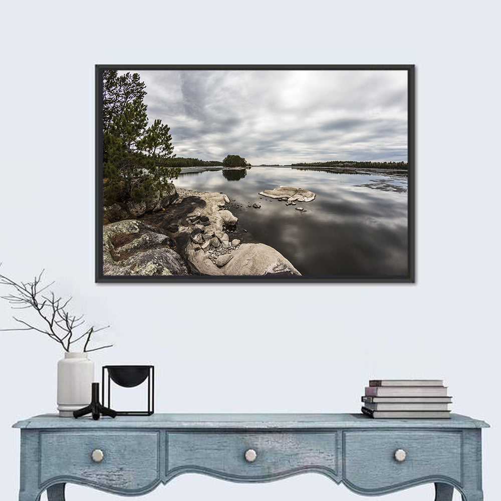 Voyageurs Pine Island Reflection Wall Art in a room, landscape