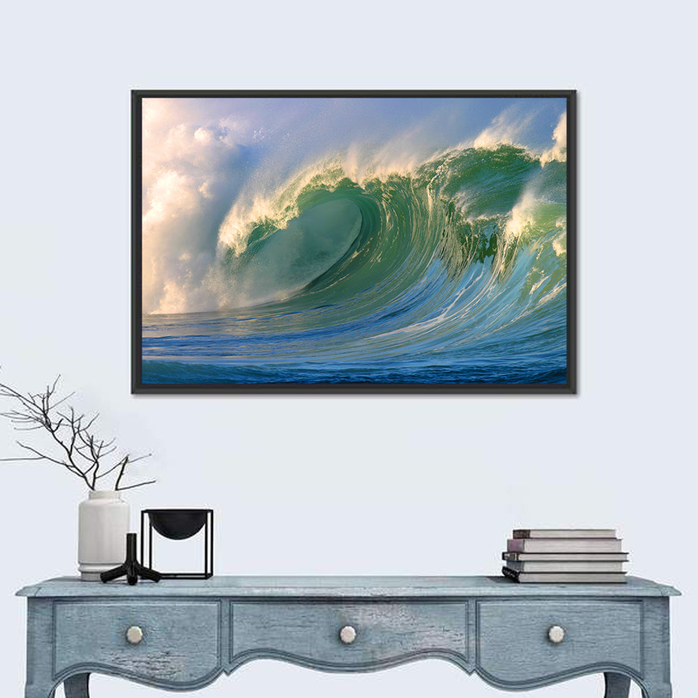 Golden Hour Barrel Wave Wall Art in a room, landscape
