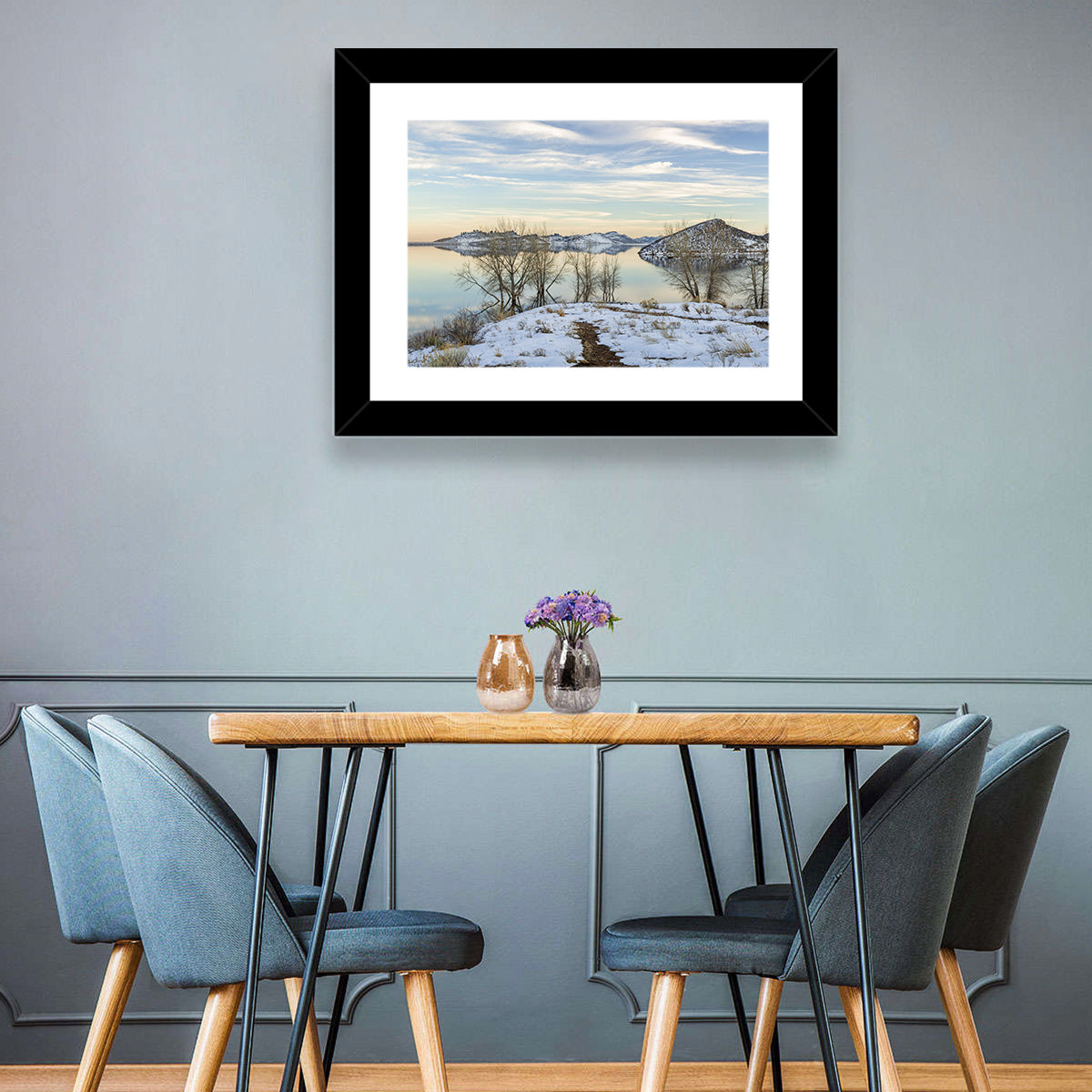Horsetooth Reservoir Frozen Reflection Wall Art in a room, landscape