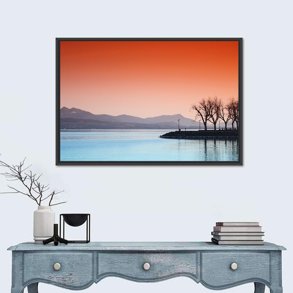 Lake Geneva Sunset Reflection Wall Art in a room, landscape